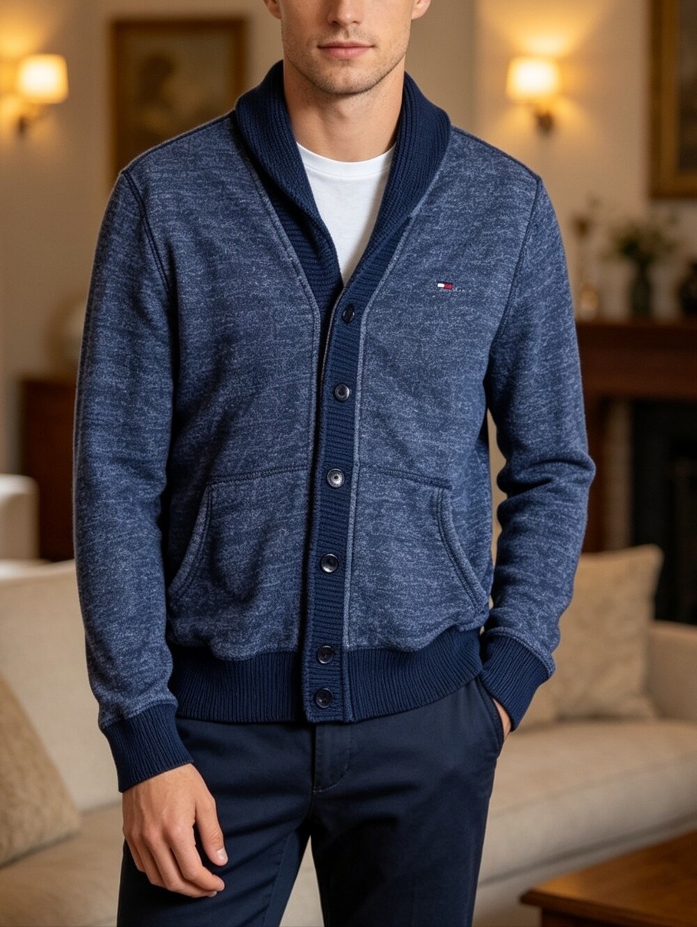 Tommy Hilfiger Navy Shawl Collar Cardigan Sweater Men's Size S Cotton Blend